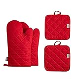 Ofenhandschuhe und Topflappen, 4-teiliges Set, hoch hitzebeständig, 500 Grad, extra dick, lange Küchenhandschuhe aus Baumwolle zum Kochen (30,5 cm, Rot)