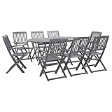 homiuse 160x85x75 cm 9 Stück Garten Essgruppe Geschirrset Lounge Stühle 1 Esstisch 8 Klappstühle mit Armlehnen Balkonmöbel Set Lounge Gartenmöbel Set Esstisch Klappbare Massivholz Akazie Grau