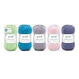 Gründl Wolle Cotton Quick uni - dünne Wolle zum Häkeln - Strickgarn - Häkelgarn - Glänzend und hautfreundlich - 100% Baumwolle - 5 Knäuel 50 g / 125 m - Nadelstärke 3-4 - Grün-Petrol-Beige-Grau-Mix