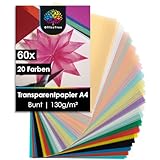 OfficeTree 60x Transparentpapier Bunt A4 – 20 Farben - 130 g/m² - Extra Stark - Pergamentpapier Bunt inkl. Gold & Silber - Buntes Transparentpapier zum Basteln von Fensterbildern Laternen