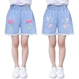 SXSHUN Shorts Mädchen Jeansshorts Kinder Denim Kurze Hose 2er-Pack Sommer Baumwolle Hosen mit Modische Druck, Schmetterling+Kaninchen, 98