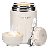 Thermobehälter für Essen, 600ml Edelstahl Thermobecher Essen mit Löffel, 100% auslaufsicher, Warmhaltebehälter Essen, Mueslicup oder Babybrei Warmhaltebox, Thermo Speisgefäß Unterwegs (Weiß)