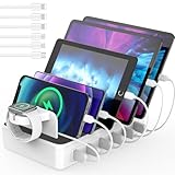 AICKXON USB Desktop Ladestation für mehrere Geräte, 50W 6-Port-Ladestation mit Rillendesign und 6 gemischten Ladekabeln for iPhone, iPad, Kindle, Tablet, iWhatch, Mobiltelefon, Weiß
