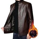 Herren-Lederjacke mit warmem Plüschfutter, lässiger Winter, Stehkragen, Kunstlederjacke, Vintage-Stil, Braun, Größe XL