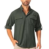 Asfixiado Hemd Herren Safari UPF50+ UV Schutz Wanderhemd Herren Langarm Funktionshemd Outdoorhemd Atmungsaktiv Schnelltrocknend Casual Button Down Shirts(Army Green L)