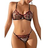 Satohom Sexy Dessous-Sets 2 Teiliges für Damen Transparent Netz Blumen Bestickt Erotische Unterwäsche Frauen Push Up BH mit Bügel + Durchsichtige Mesh String Lingerie Babydoll Teddy Negligee