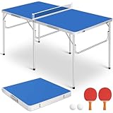 PRMTYUP Mittelgroßer Tragbarer Ping Pong-Tisch, Klappbares Tischtennis-Tischset, Mit Netz, 2 Schlägern Und 2 Bällen, Verdickter Aluminiumrahmen, Für Drinnen Und Draußen,Blau