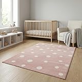 Jimri Kinderteppich DOTS l Pünktchen Gepunktet l Öko-Tex Siegel | Farbe: Beige Blau Rosa | Kinderzimmer/Jugendzimmer