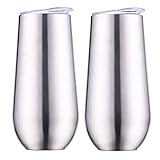 Sivaphe edelstahl sektgläser Silber, 2 Stück Champagnergläser, 180 ml Doppelwandig Thermo Weingläser mit Deckel für Büro, Party, Camping ,Reisen, World Cup 2022, Weihnachten