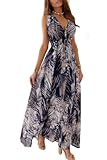 Yutdeng Kleid Damen Sommer Lang Trägerkleid Sommerkleid Lang V Ausschnitt Blumenmuster Rückenfrei Ärmellos Maxi Kleider Boho Strandkleid Blumenkleid Langes Kleid Sommer Elegant,Blau,L