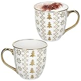 MamboCat 2er Set Jumbobecher mit Goldrand Tanne I 450 ml I Porzellan Tassen weiß & gold I Winterliches Becher-Set für 2 Personen I für Kaffee, Tee, Glühwein & andere Heißgetränke