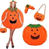 DERAYEE Kürbis Kostüm Damen, 3PCS Kürbis Kostüm Erwachsene Mit Kürbishut Candy Bag Kürbis Overknee Socken Kürbislaterne, Kürbis Kostüm Mädchen, Halloween Kostüm Kürbis Damen Karneval Party