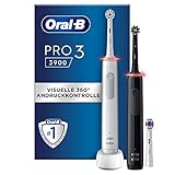 Oral-B Pro 3 3900 Elektrische Zahnbürste/Electric Toothbrush, Doppelpack & 3 Aufsteckbürsten, mit 3 Putzmodi und visueller 360° Andruckkontrolle für Zahnpflege, Geschenk Mann/Frau, weiß/schwarz