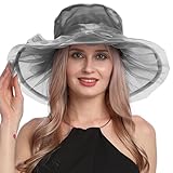 Frauenhut aus Organza, Kirchenhut, floraler Schatten, elegant, Sommer, breite Krempe, Hochzeit, Reise, Netzhut, Vintage, Blume, Teeparty, Fascinator, grau, Einheitsgröße