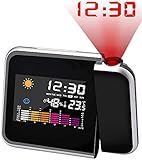 Projektionswecker mit Projektor, digitaler Wecker, Projektion, LED, mit Station, Zeitplan, LCD, Temperatur und Datum, USB-Ladegerät, 12 & 24 Stunden, für Schlafzimmer, Büro, Küche, Schwarz