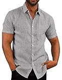 COOFANDY Herren Freizeithemd Kurzarm Leinenhemd aus Baumwolle Sommer T-Shirt, weich und bequem Basic Shirt for Männer Hellgrau XXL