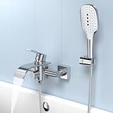 KULACO Badewannenarmatur mit Handbrause, Wasserfall Wasserhahn Badewanne, Messing Mischbatterie Dusche mit Druckschalter, Chrom Duscharmatur mit 3 Funktionen, Armatur Badewanne Wannenarmatur für Bad
