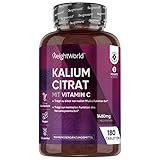 Kalium mit Vitamin C Tabletten - 1380mg Kaliumcitrat mit 80g Ascorbinsäure - 180 vegane Tabletten & 3 Monate Vorrat - Kalium trägt zu einem normalen Nervensystem & Blutdruck bei (EFSA) - WeightWorld