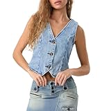 WangsCanis Frauen Lässig Jeans Weste Ärmellos Knopfverschluss Tiefer V-Ausschnitt Jeans Weste Cropped Tops Denim Westen Kleidung Streetwear (Hellblau, XL)