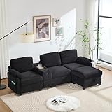 Ecksofa 3-Sitzer mit USB-C-Anschluss, 3-Sitzer Relax Sofa aus Samt mit abnehmbarer Mittelarmlehne Zwei Getränkehalter und Stauraum, Seitentaschen (Schwarz + Cord-2)