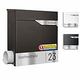 AL Briefkasten Systeme Laser-Line 1er personalisiert mit Namen + Hausnummer - Postkasten DB 703 Eisenglimmer modern mit Zeitungsfach Gravur und Absenkautomatik Wandbriefkasten Zaunbriefkasten