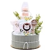 Trend Mama® | Musselin Windeltorte Nature |Löwe | Musselintuch, Frottee Spucktuch, Kuschelsocken, Teeflasche| Baby Party GeburtsGeschenk (Nature | Grün)