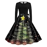 Weihnachtskleid Damen Langarm Kleider, Retro Knielang Vintage 50er Jahre Kleid Druck Festliche Plisseekleid Mit Weihnachtsmotiv Elegant Cocktailkleid Tunikakleid Lustig Faltenrock