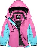 GEMYSE Mädchen Skijacke wasserdicht Winterjacke winddicht Fleece Schneeanzug warm mit Kapuze für Outdoor(Leuchtendes Pink Mit Juwelenblau,140-146)