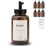 Koffs Design - 6 Stück Zuckerstreuer mit Edelstahl Dosierer – individuelle Streuer für Zucker, Streusel, Sesam, Saaten und mehr - moderne Zuckerdose aus Glas mit UV‑Schutz - mit Stickern 300ml