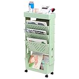 DOEWORKS Mobiles Bücherregal Rollen Bastelwagen Klein Bücherwagen 5 Ebenen Beistellwagen Rollwagen Schmal für Bücher Wohnzimmer Bibliothek Schlafzimmer Büro, Grün