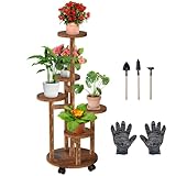 Wuciray Blumenständer Holz Pflanzenständer mit Rädern 5-Tier Pflanzentreppe Pflanzenregal Blumenbank Blumenregal Blumentreppe Balkon Regal Innen Outdoor Terrasse deko Wohnung