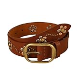 AGUTALITHIC Nietengürtel Taillengürtel Kunstleder Riemen Mit Massiver Messingschnalle Gothic Punk Gold & Silber Runde Niete Mit Floralem Muster(100cm/39, Brown)