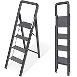 KINGRACK Leiter Aluminium, Trittleiter 4 stufen klappbar, leiter 4 stufen mit Handlauf, rutschfeste Haushaltsleiter mit Klappsicherung, Aluleiter Belastbar bis 150 kg,für Zuhause, Büro, Garten,Schwarz