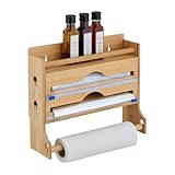 Relaxdays Wandrollenhalter 3-fach, Küchenrolle, Alufolie, Frischhaltefolie, Bambus, HxBxT: 30,5 x 36,5 x 12 cm, natur