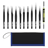 MMOBIEL 10x Industrie Präzision ESD Pinzetten Antistatisch Edelstahl für Elektronik-Werkzeuge, Schmuck, Computer, Laborarbeiten, Handwerk und Hobbys etc. - Inklusive Spachtel und Gehäuse