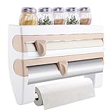 Wandrollenhalter mit Regal Küchenrollenhalter mit Folienschneider Papierrollenhalter für Küchenrolle Aluminiumfolie Frischhaltefolie, Papierhandtuchhalter Halter Küchenwerkzeuge (Khaki)