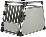 TRIXIE Hunde-Transportbox Aluminium in silber – M: 55 × 62 × 73 cm, stabile und geräuscharme Hundebox mit abgeschrägten Seiten, Sicherheitsverschluss & rutschfester Liegematte – 39342