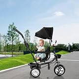 4 in 1 Kinderdreirad Tricycle für Kinder ab 12 Monate bis 5 Jahren mit Abnehmbarer Sonnendach&Schubstange Dreiräder,Jogger, mit Dachfenster, Sicherheitsgurte, 360 Grad Drehbar,4 in 1 (schwarz)
