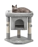 lionto Kratzbaum für Katzen mit Höhle & 2 Plüschballen inkl. Glöckchen, Höhe 60 cm, Katzenbaum mit robustem Sisalseil & weichem Plüsch, gemütliche Liegefläche, für kleine & große Katzen, hellgrau