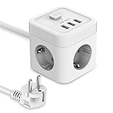 JSVER Steckdosenleiste 3 Fach mit USB, Würfel Mehrfachsteckdose(3680W 16A) USB Schreibtisch mit 3 USB Ladegerät (15,5W) Steckdosen mit Schalter für Zuhause Büro,1.5m Kabel Weiß