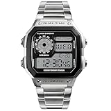 Nicoone Herren Digital Armbanduhr, Chronograph mit LED-Hintergrundbeleuchtung, 50 m Wasserdicht, Edelstahlarmband (Silber)