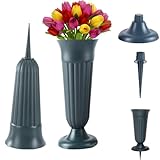 LdawyDE Grabvase mit Erdspieß, 2 Stück Friedhofsvase mit Sockel 11cm Erdspieß Kunststoff Grab-vasen 21 x 10 cm für Nass- und Trocken-Blumen als Grabschmuck