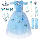 WIOLETA Blaues Prinzessin Kleid Mädchen Prinzessin Kostüm Mädchen mit Krone, Zauberstab, Ring, Ohrringen, Halskette, Armband, Schleife, Handschuhen für 3-8 Jahre