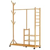 Yorbay Garderobenständer Bambus Kleiderständer mit Rollen, mit Kleiderstange, 3 Ablagen und 6 Haken, Baumform, 100 x 38 x 176 cm (Natur)