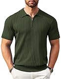 COOFANDY Polo Shirt Herren Sommer Kurzarm Polohemd mit Reißverschluss Strick Slim Fit Retro Männer Polo Hemd Armeegrün XL