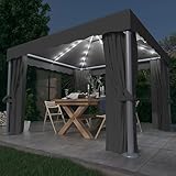 Metall-Pavillon für den Außenbereich, mit Vorhang und Lichterkette, strapazierfähig, wasserdicht, Baldachin für Terrasse, Hochzeit, Party, Veranstaltung, Anthrazit, 3 x 3 m