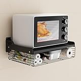 HMAKGG Mikrowellen Regal Hängend, Mikrowellenhalterung Wand mit Aufbewahrungskorb, 2 Ebenen Wandhalterung Mikrowelle aus Metall, Mikrowelle Halterung Wand für Küche, Schwarz, 55 * 35 * 11 cm