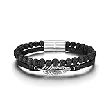 PiercingJak Doppellagige Lederperlen-Armbänder für Herren, Tigerauge, Lavastein, Armbänder mit Edelstahl-Magnetverschluss, Herren-Lederperlen, Angst-, Stressabbau-Schmuck, M, Edelstahl