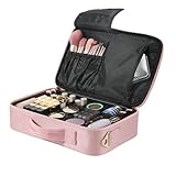 Luxspire Kosmetiktasche für Reise, Großer Schminkkoffer mit 3 Fächern, Schultergurt & Spiegel, Verstellbarer Makeup Organizer für Damen & Maskenbildner, Kosmetikbeutel mit Reißverschluss, Rosa