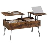 WOLTU Couchtisch höhenverstellbar, Beistelltisch mit doppelter Hebeplatten, Lift-Top-Tisch, Wohnzimmertisch, versteckter Stauraum,Rustikales Braun, Holzwerkstoff Metall,BTS14vbn